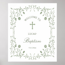 Sage Green Foliage Frame Baptism Welcome Poster