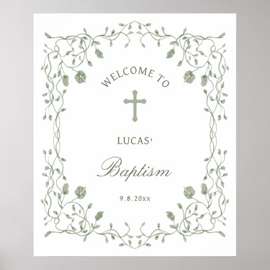 Sage Green Foliage Frame Baptism Welcome Poster (Vorne)