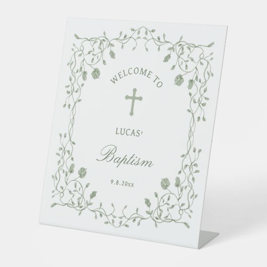 Sage Green Foliage Frame Baptism Welcome Sockelschild (Vorderseite)