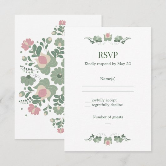 Sage Green Folk Floral Wedding RSVP Karte (Vorne/Hinten)