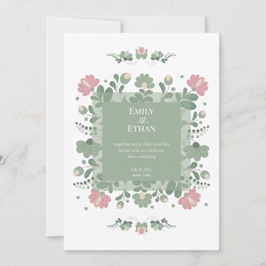 Sage Green Folk Wildflower Wedding Einladung (Vorderseite)