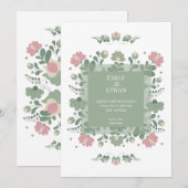 Sage Green Folk Wildflower Wedding Einladung (Vorne/Hinten)