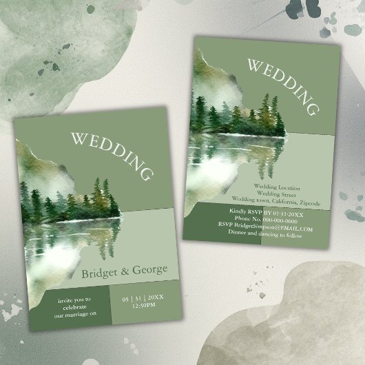 Sage Green Forest Lake Landscape Wedding Einladung