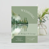 Sage Green Forest Lake Landscape Wedding Einladung (Stehend Vorderseite)