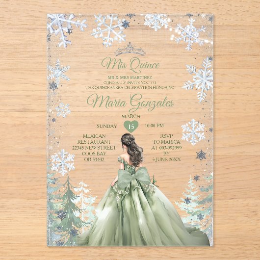 Sage Green Forest Winter Princess Mis Quince Acryleinladungen (Vorderseite)