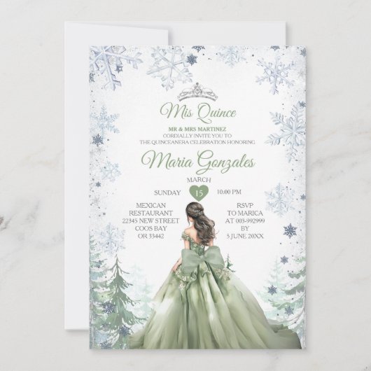 Sage Green Forest Winter Princess Mis Quince Einladung (Vorderseite)