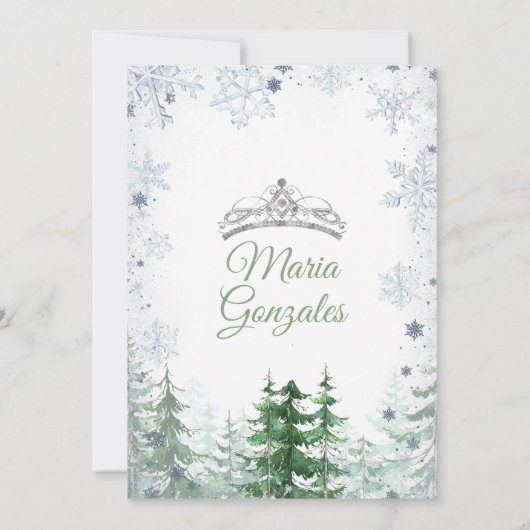Sage Green Forest Winter Princess Mis Quince Einladung (Rückseite)