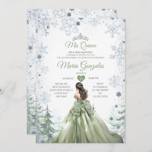 Sage Green Forest Winter Princess Mis Quince Einladung (Vorne/Hinten)