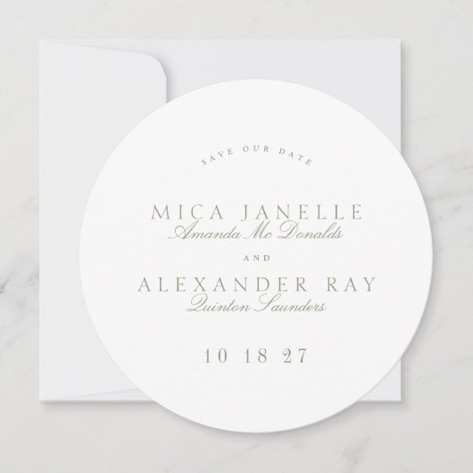 Sage Green Formal Classic Calligraphy Round Foto Save The Date (Vorderseite)
