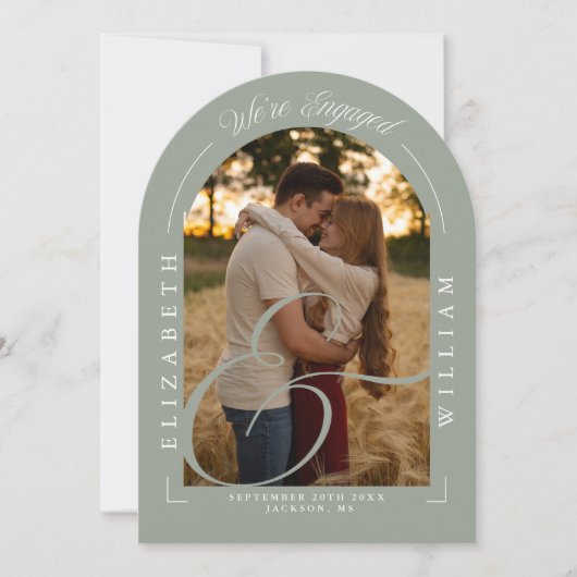 Sage Green Foto Arch Calligrafy Engagement Party Einladung (Vorderseite)