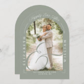 Sage Green Foto Arch Script Hochzeitsempfang Einladung (Vorne/Hinten)