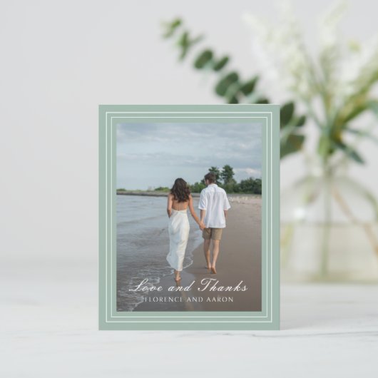 Sage Green Foto Budget Hochzeit Danke Karte (Stehend Vorderseite)