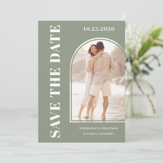 Sage Green Foto Save the Date (Stehend Vorderseite)
