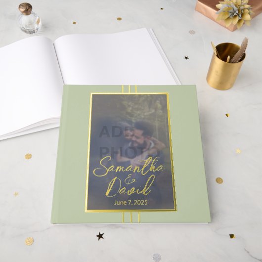 Sage Green Foto Wedding Foil Gästebuch (Vorderseite Offen)