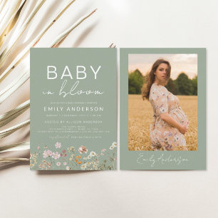 Sage Green Foto Wildblume Baby in Blütendusche Einladung