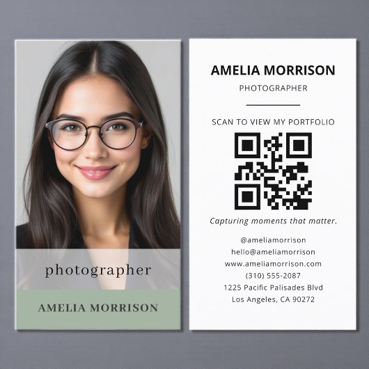Sage Green Fotograf QR Code Foto Modernes Visitenkarte