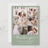 Sage Green Four Foto Collage Script Hochzeit Dankeskarte (Vorderseite)