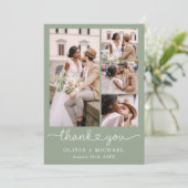 Sage Green Four Foto Collage Script Hochzeit Dankeskarte (Stehend Vorderseite)