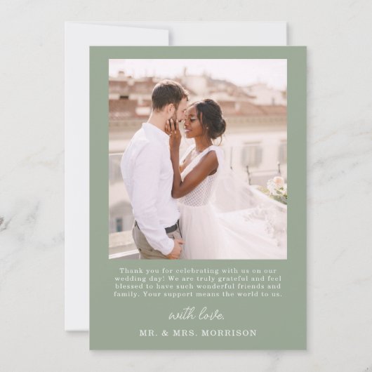 Sage Green Four Foto Collage Script Hochzeit Dankeskarte (Rückseite)