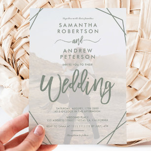 Sage green frame simple photo script wedding einladung