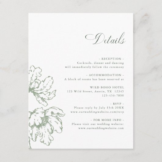 Sage Green French Floral Wedding Details Begleitkarte (Vorderseite)