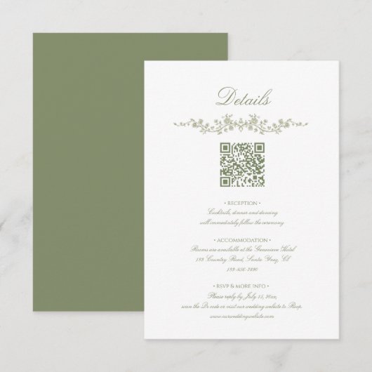  Sage Green French Floral with QR Code Wedding Begleitkarte (Vorne/Hinten)