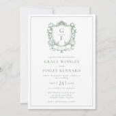 Sage Green French Rose Monogram Wappen Wedding Einladung (Vorderseite)