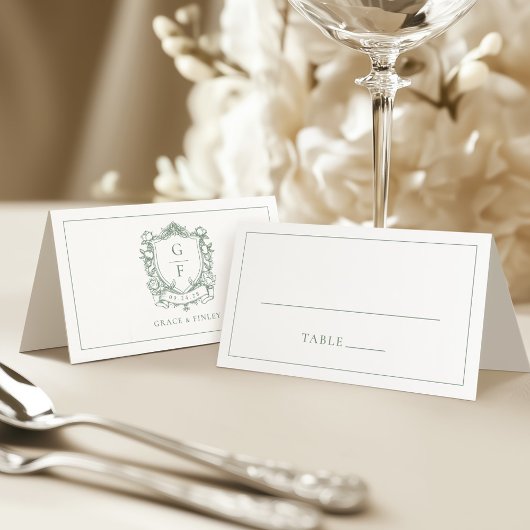 Sage Green French Rose Monogram Wappen Wedding Platzkarte