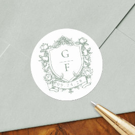 Sage Green French Rose Monogram Wappen Wedding Runder Aufkleber