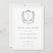 Sage Green French Rose Monogram Wappen Wedding Save The Date (Vorderseite)