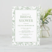 Sage Green French Toile Photo Bridal Shower Einladung (Stehend Vorderseite)