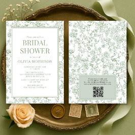 Sage Green French Toile QR Code Bridal Shower Einladung