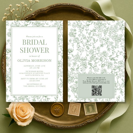 Sage Green French Toile QR Code Bridal Shower Einladung