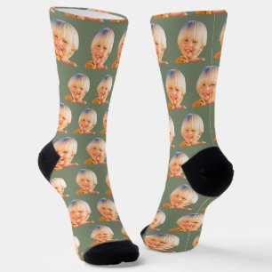 Sage Green Funny Custom Son Face Foto Crew Socken
