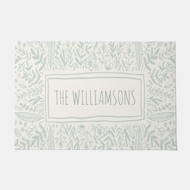 Sage Green Garden Floral Art Border Name  Fußmatte (Vorderseite)