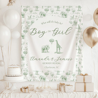 Sage Green Gender Reveal Banner Safari Toile Wandteppich