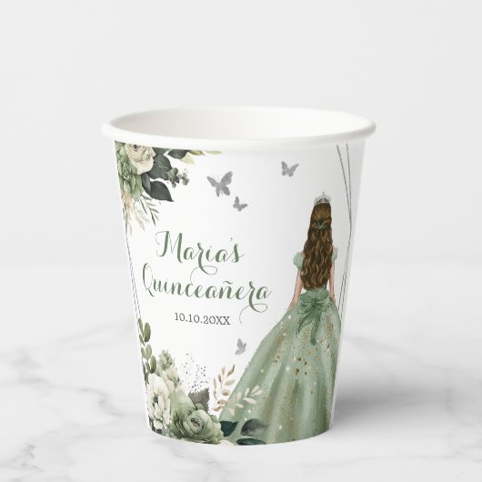Sage Green Geometric Princess XV Quinceañera Pappbecher (Vorderseite)