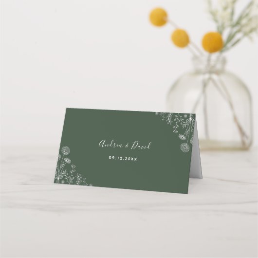 Sage Green | Gezeichnet Wildblumen Botanische Hoch Platzkarte (Rückseite)
