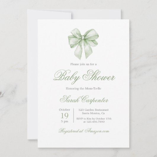 Sage Green Gingham and Bow Baby Shower Einladung (Vorderseite)