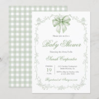Sage Green Gingham and Bow Baby Shower