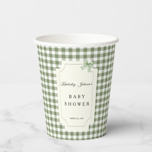Sage Green Gingham and BowBaby Shower Pappbecher (Rückseite)