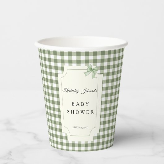 Sage Green Gingham and BowBaby Shower Pappbecher (Vorderseite)