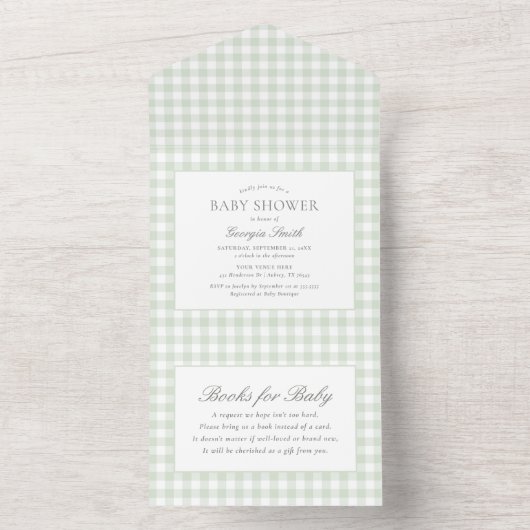 Sage Green Gingham Baby Dusche All In One Einladung (Innen)