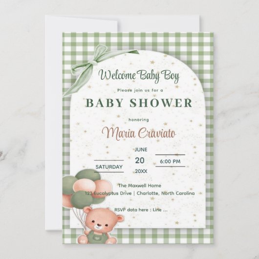 Sage Green Gingham Baby Dusche Einladung (Vorderseite)