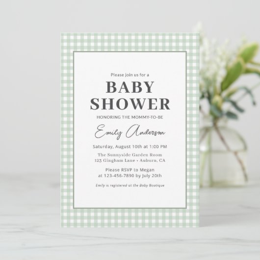 Sage Green Gingham Baby Dusche Einladung (Stehend Vorderseite)