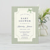 Sage Green Gingham Baby Dusche Einladung mit Bow (Stehend Vorderseite)