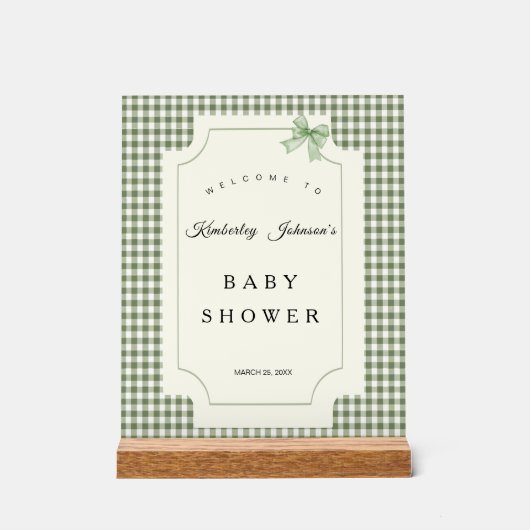 Sage Green Gingham Baby Dusche Einladung mit Bow Acrylschild (Vorderseite)