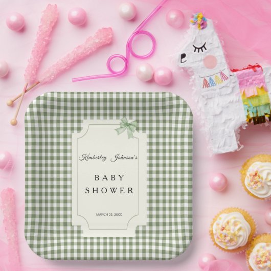 Sage Green Gingham Baby Dusche Einladung mit Bow Pappteller (Party)