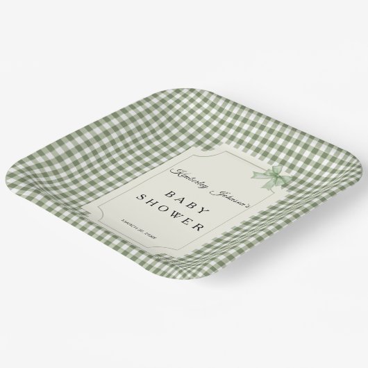Sage Green Gingham Baby Dusche Einladung mit Bow Pappteller (Gewinkelt)