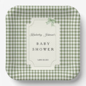 Sage Green Gingham Baby Dusche Einladung mit Bow Pappteller (Vorderseite)